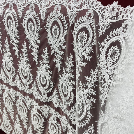 1 Yard Elegant Corded Bridal Lace Fabric Embroidered on Polyester Net Mesh