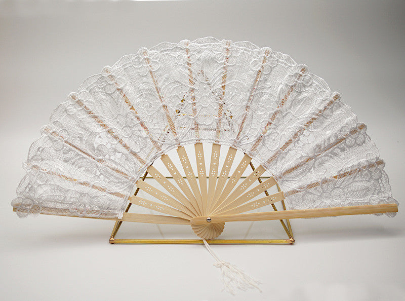 9x17 Inch White Floral Lace Wedding Fan Bamboo Handle 10 Pack