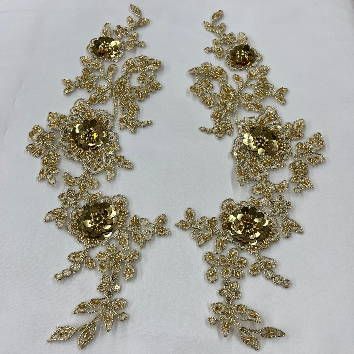 1 Yard Beaded & Corded Floral 3D Lace Applique Embroidered on 100% Polyester Net Mesh 11" x 3" Each Side