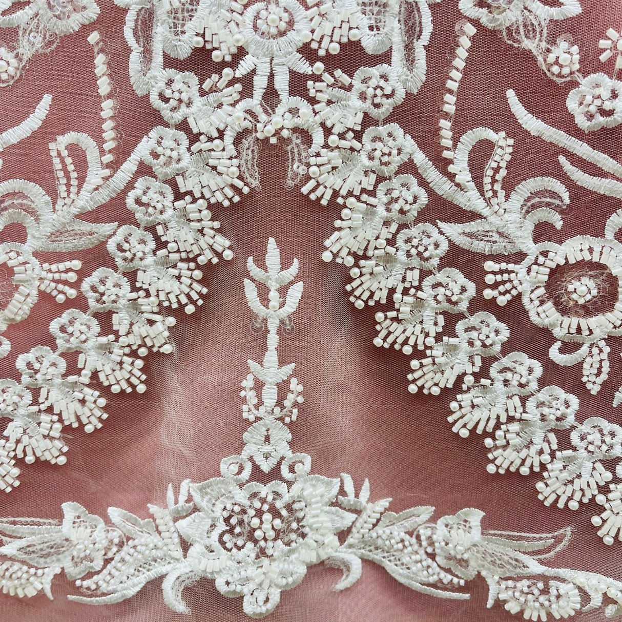 1 Yard Elegant Beaded Lace Fabric Embroidered on Polyester Net Mesh Luxury Couture & Bridal Design 50" Wide