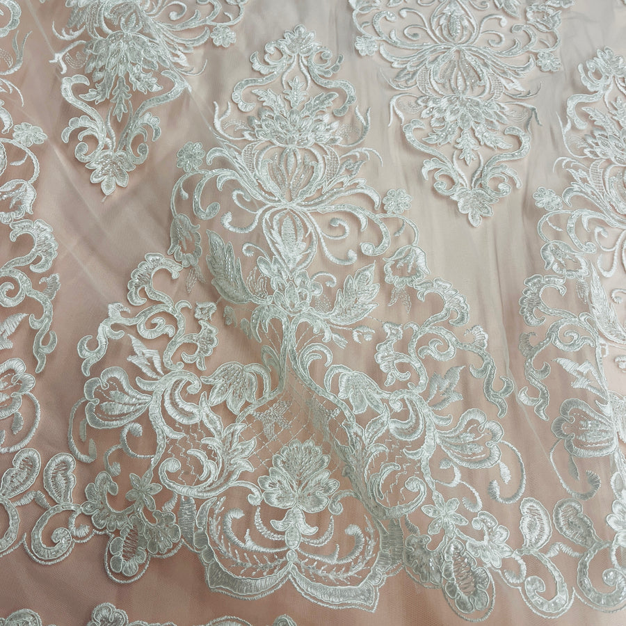 1 Yard Beaded and Corded Lace Fabric Embroidered on Polyester Net Mesh White and Ecru