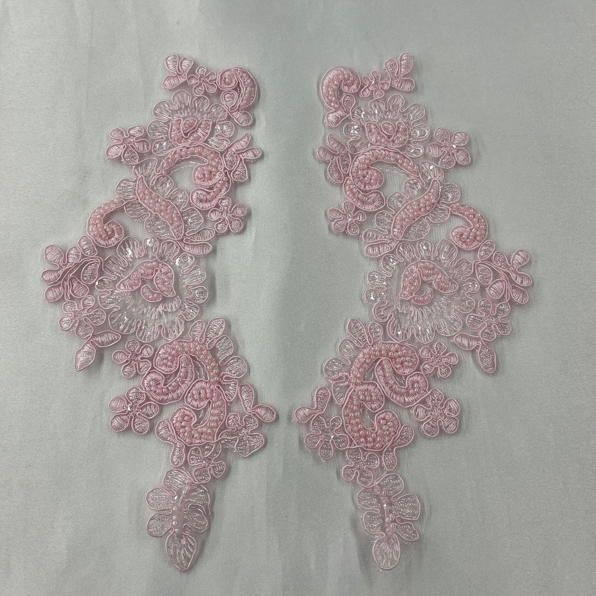1 Pair 9" x 3" Each Side Beaded & Corded Floral Lace Applique Organza