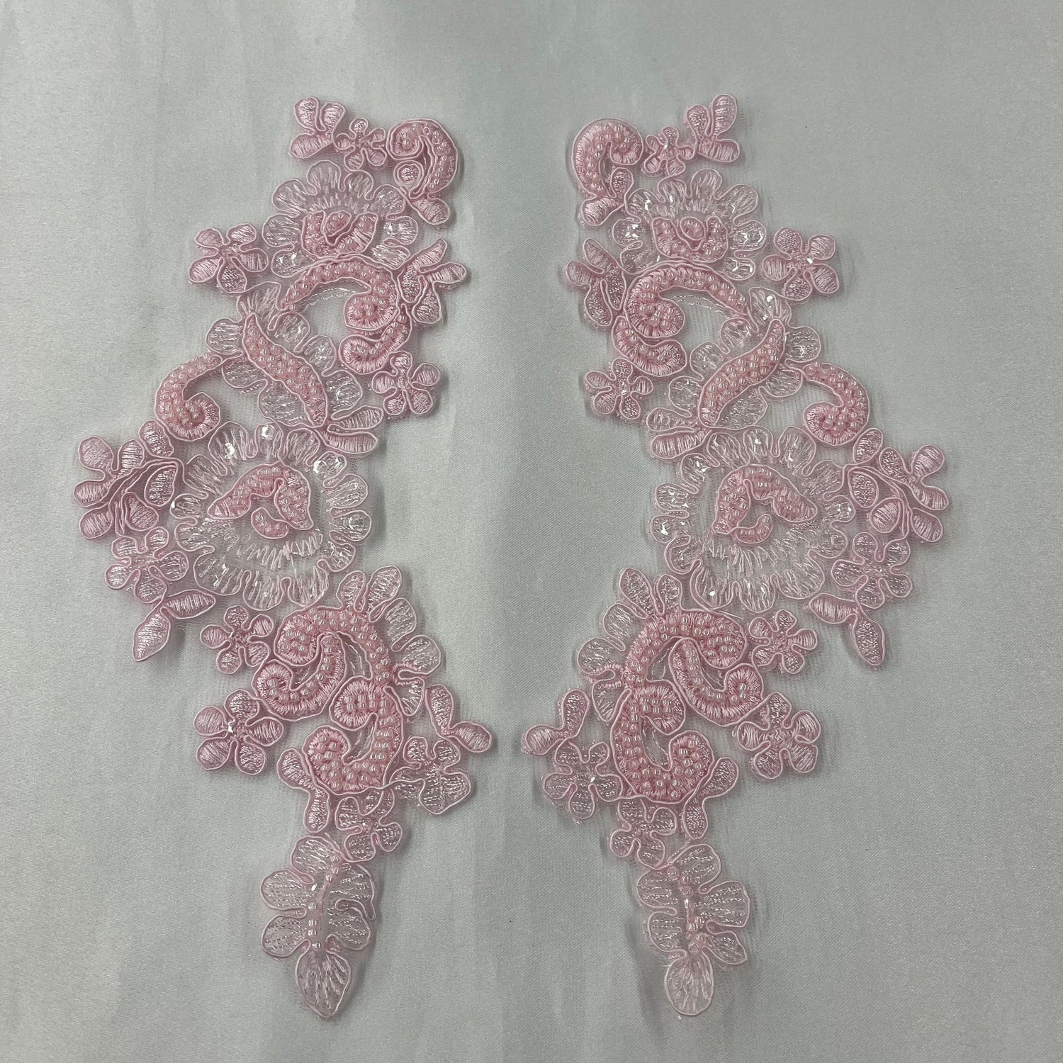 1 Pair 9" x 3" Each Side Beaded & Corded Floral Lace Applique Organza