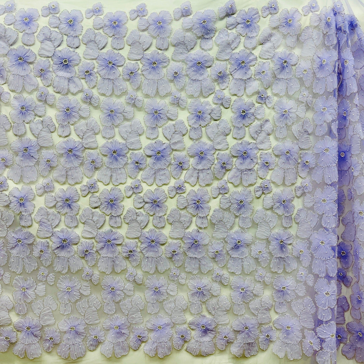 Beaded 3D Floral Lace Fabric - 3D Floral Embroidered Net Mesh, 52" Wide (1 Yard)