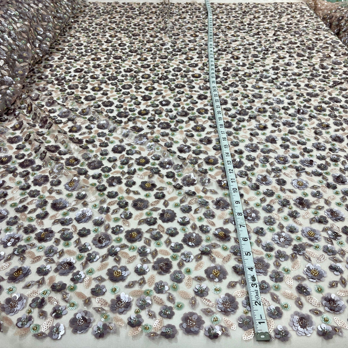 1 Yard Elegant Beaded & Corded Bridal Lace Fabric on 100% Polyester Mesh, Embroidered Floral Design