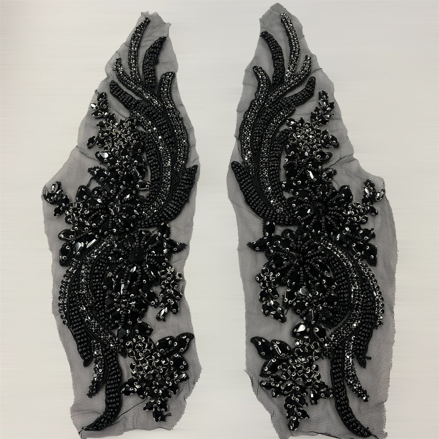 1 Pair 14" x 4" Each Side Crystal Rhinestone Beaded & Corded Lace 100% Polyester