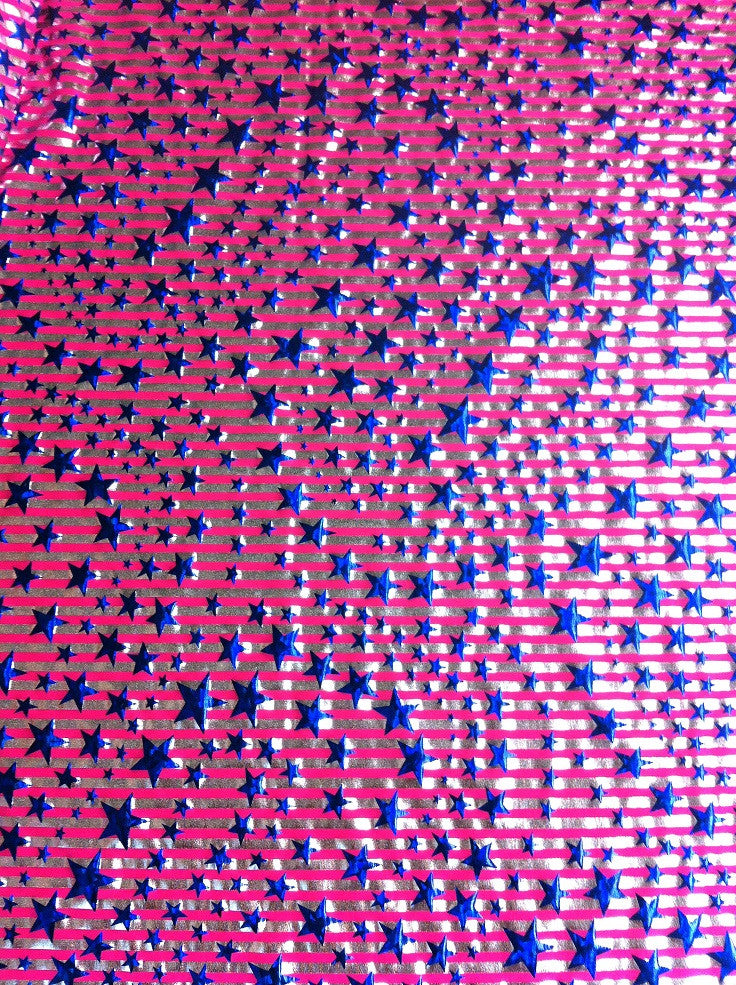 Stars And Stripes Hologram Foil Stretch Polyester Spandex Fabric - Fuchsia/Silver, Lime Green/Silver, Holographic Metallic Foil, 58"-60" Width