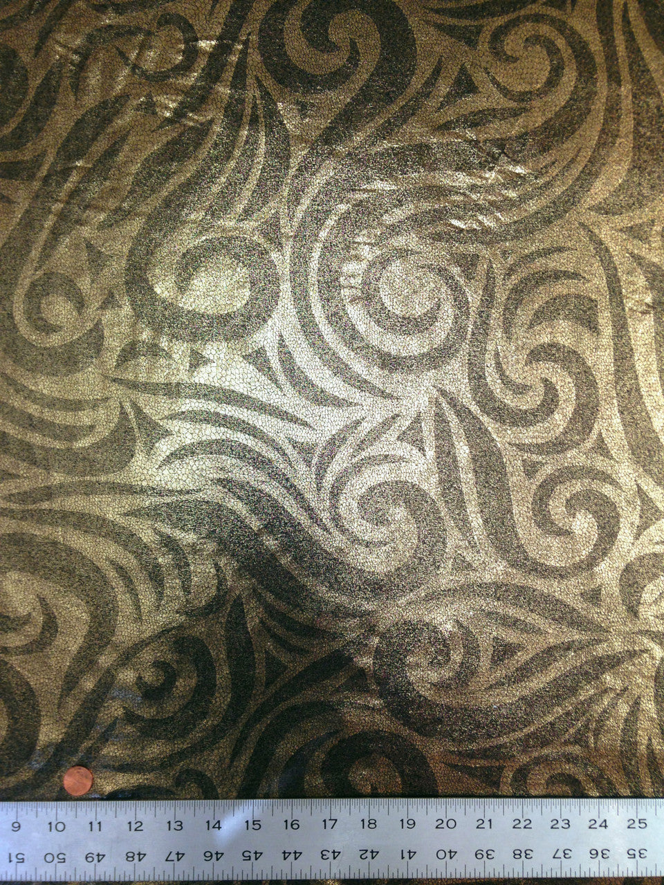 Gold Big Swirls Foil Pattern On Black Polyester Spandex Fabric - Gold Swirls, Black, Semi-Sheer, 58"-60" Width