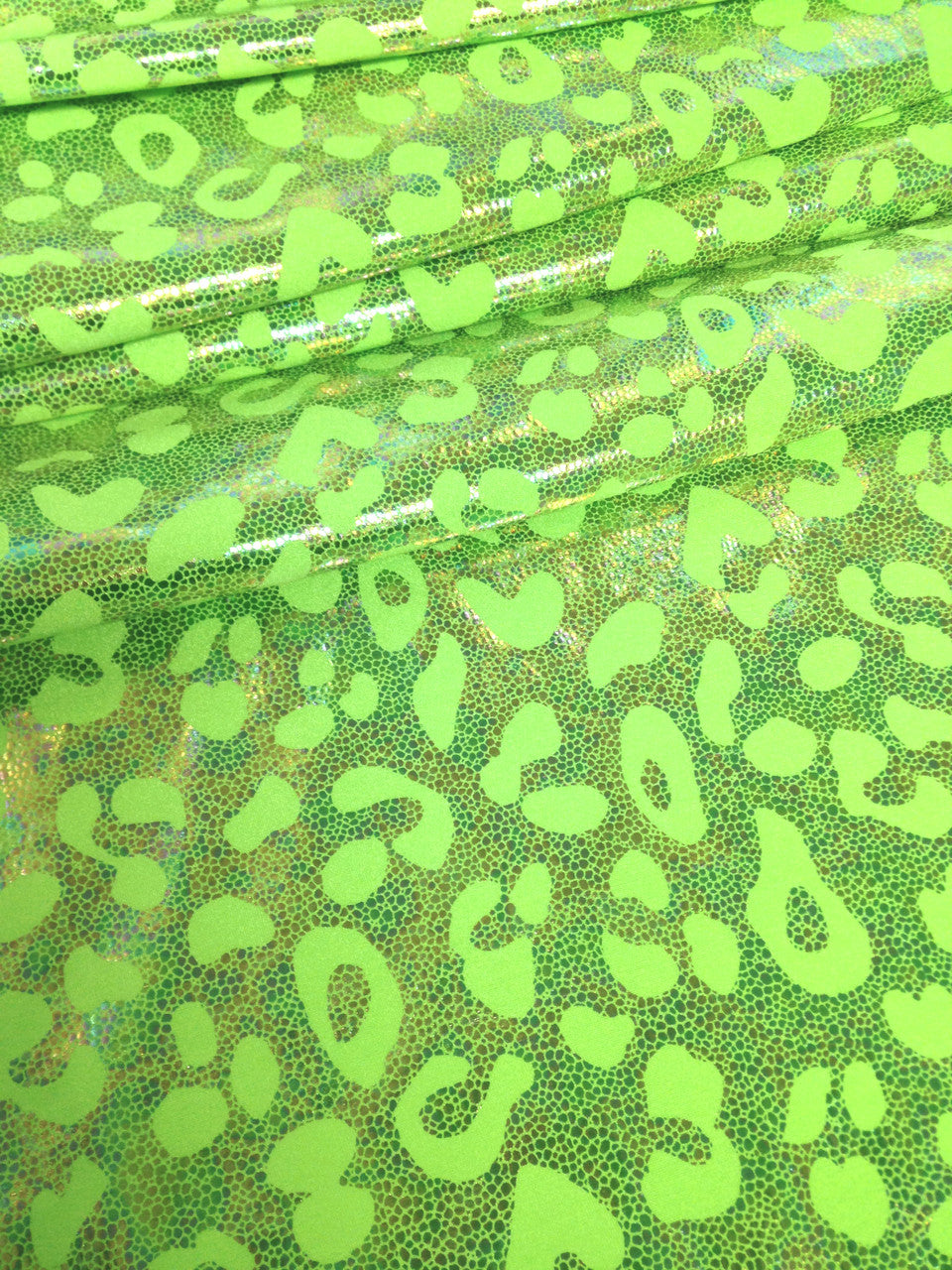 Cheetah Pattern Shiny Rainbow Pebble Foil On Bright Heavy Stretch Nylon Spandex Fabric - Black, Lime Green, Neon Fuchsia, Purple, Cheetah Pattern, 58" - 60" Wide