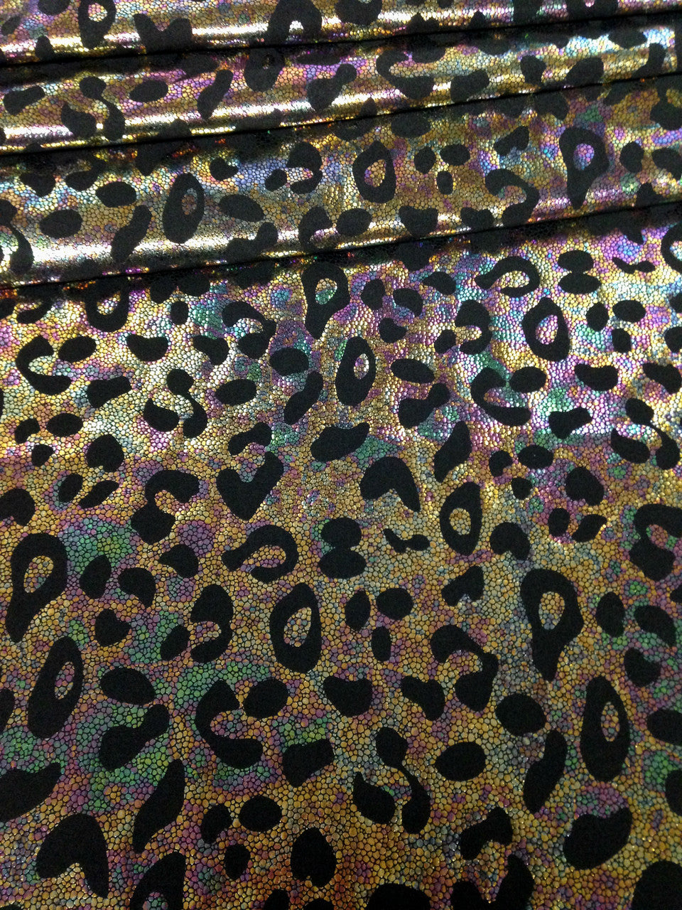 Cheetah Pattern Shiny Rainbow Pebble Foil On Bright Heavy Stretch Nylon Spandex Fabric - Black, Lime Green, Neon Fuchsia, Purple, Cheetah Pattern, 58" - 60" Wide