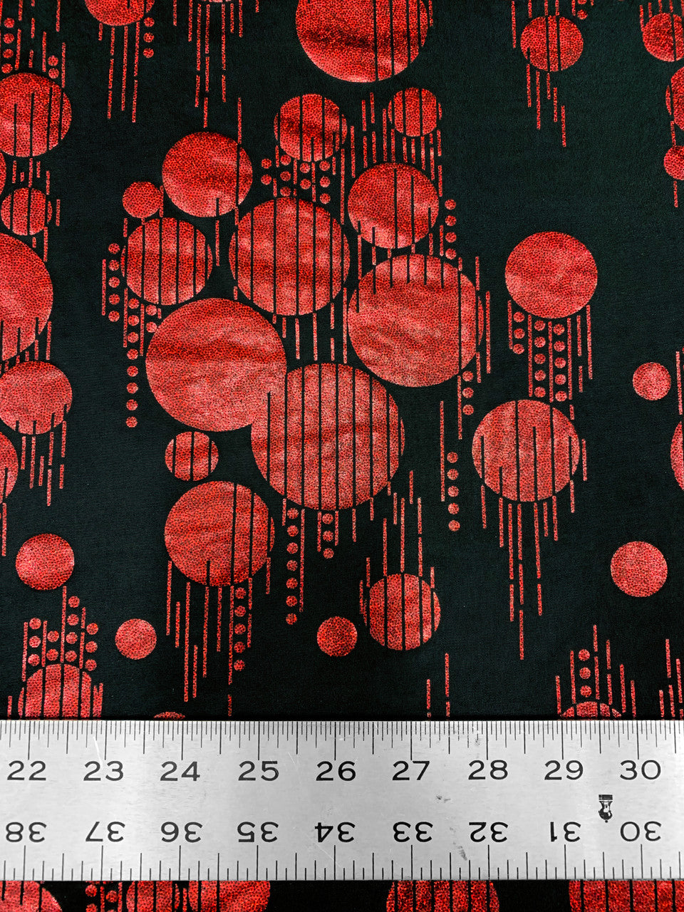 Polyester Spandex Fabric - Hologram Circles Design, Black/Red, Black/Gold, Black/Silver, 58"-60" Width
