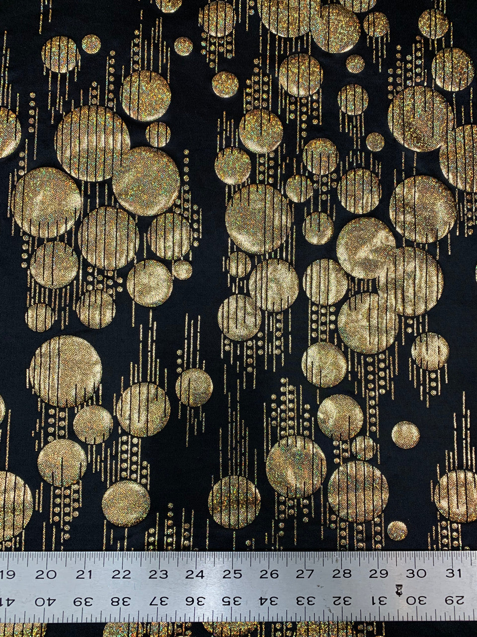 Polyester Spandex Fabric - Hologram Circles Design, Black/Red, Black/Gold, Black/Silver, 58"-60" Width