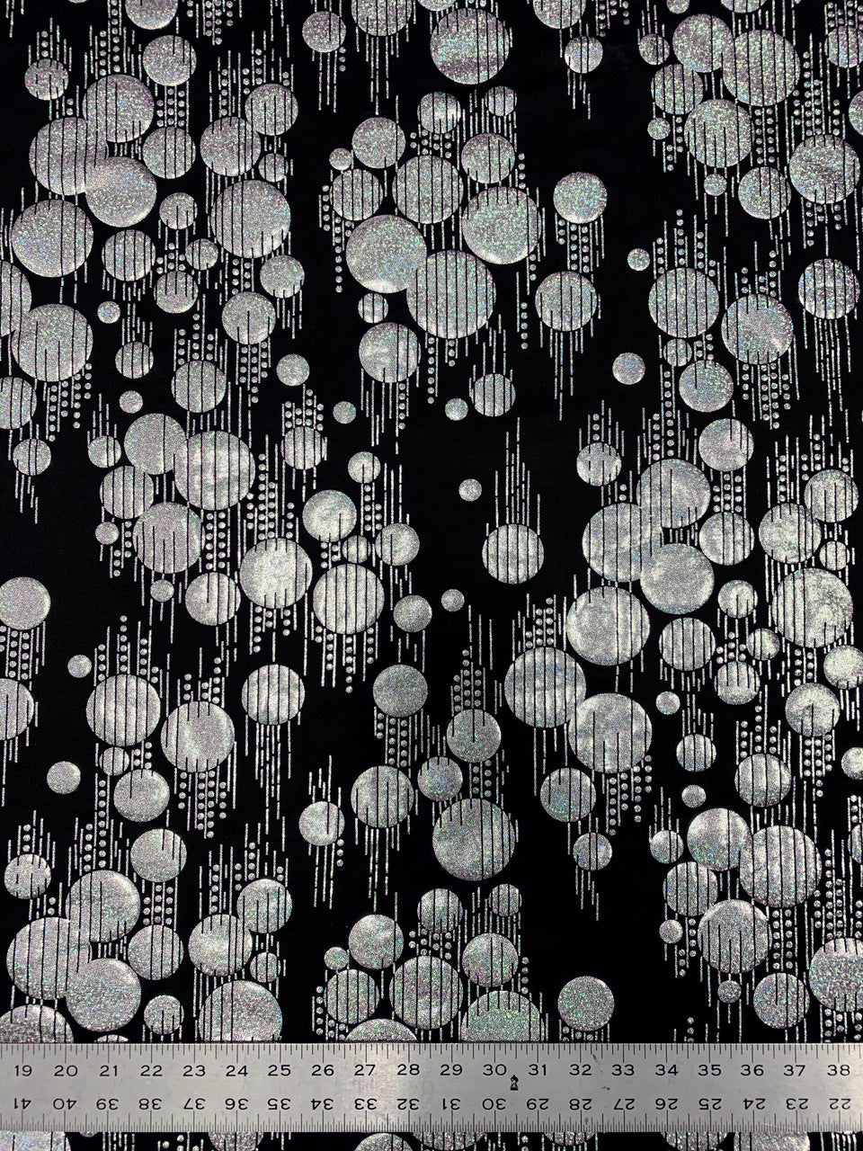 Polyester Spandex Fabric - Hologram Circles Design, Black/Red, Black/Gold, Black/Silver, 58"-60" Width