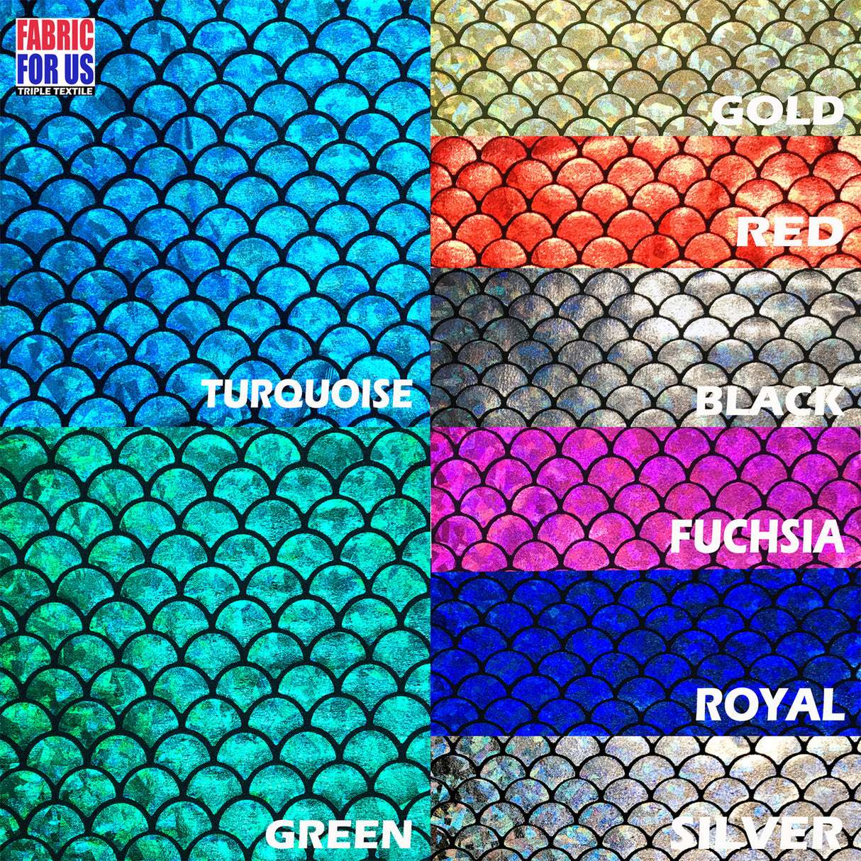 Mermaid Fish Scale Holographic Reflective Stretch Nylon Spandex Fabric - Red, Green, Royal, Fuchsia, Black, Silver, Gold, Turquoise, 58/60" Width