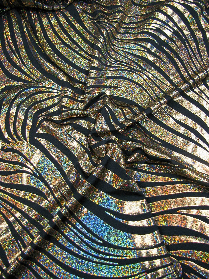 Zebra Holographic Foil Pattern Polyester Spandex Fabric - Lightweight Knit Jersey, Shiny Holographic Foil, 58" To 60" Width