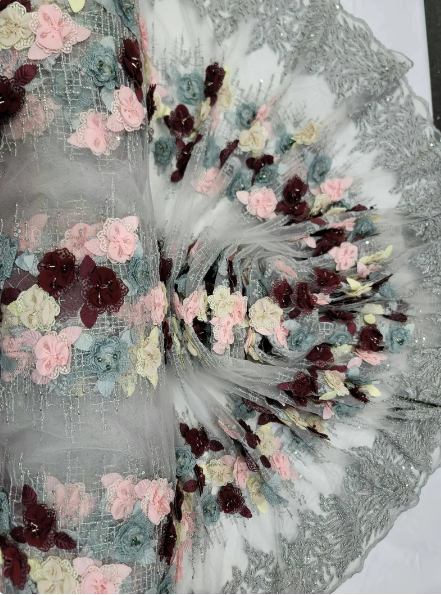 3D Floral Beaded Lace Pink Burgundy