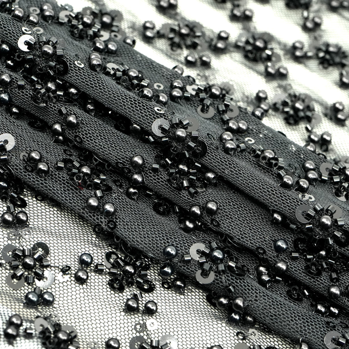 Blossom Beaded With Sequin Stretch Mesh Fabric - Black, White, Black/Multicolor, Diamond Pattern, 52/53" Width (1 Yard)