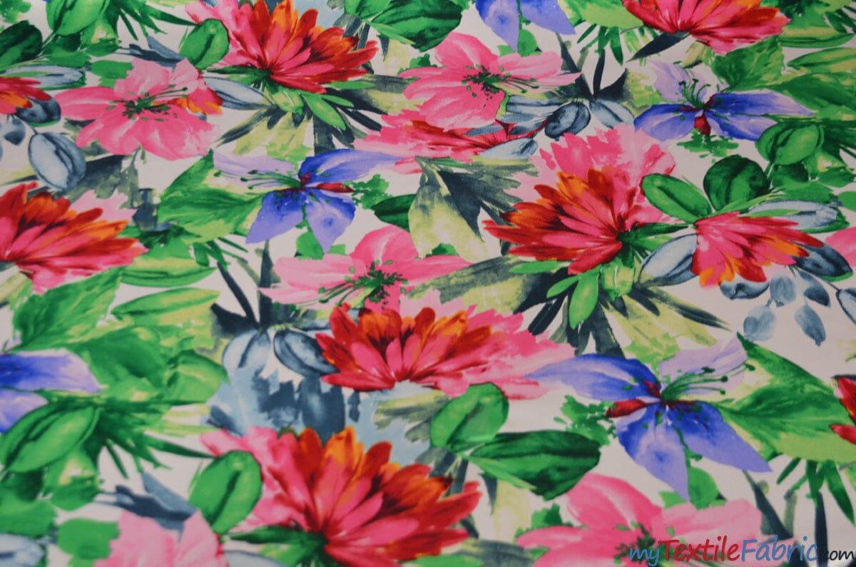 Flower Blossom Polyester Satin Fabric - Floral Print, 58/60" Width, 2 Colors (1 Yard)
