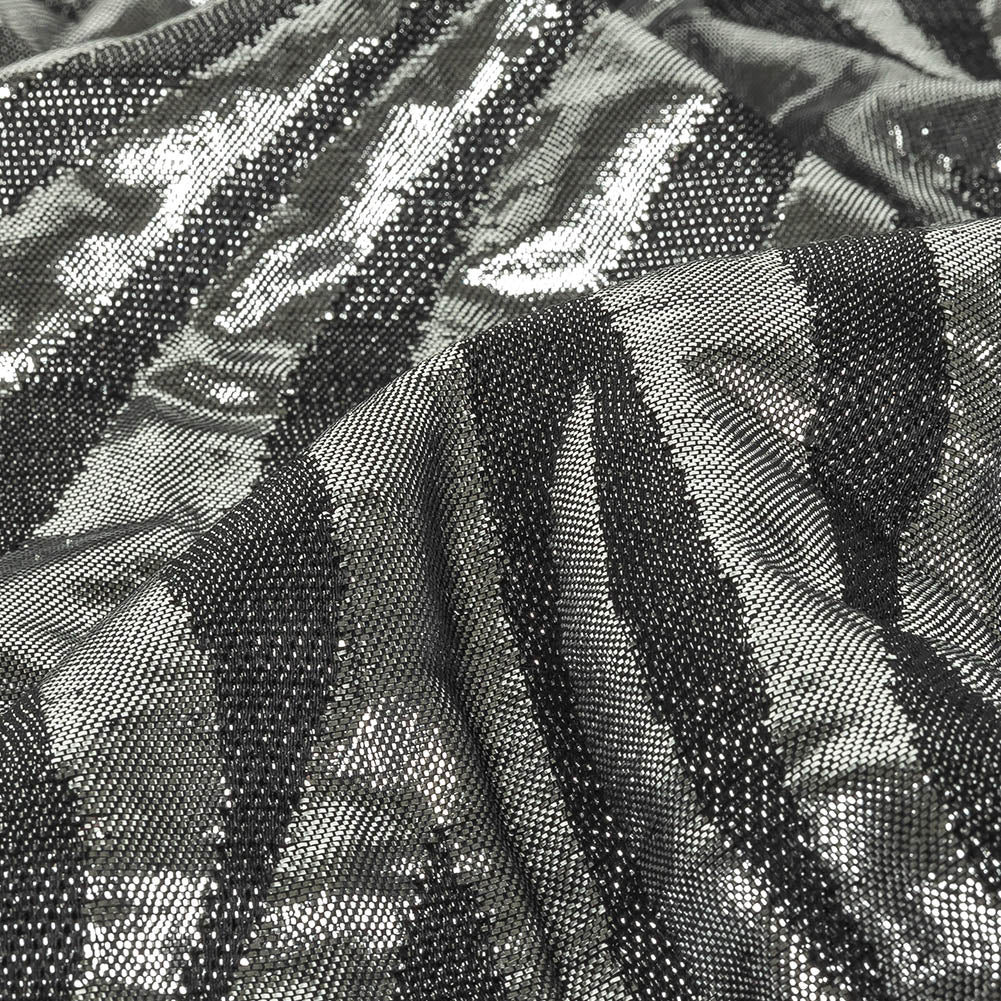Italian Black and Metallic Silver Zebra Stripes Polyester Brocade
