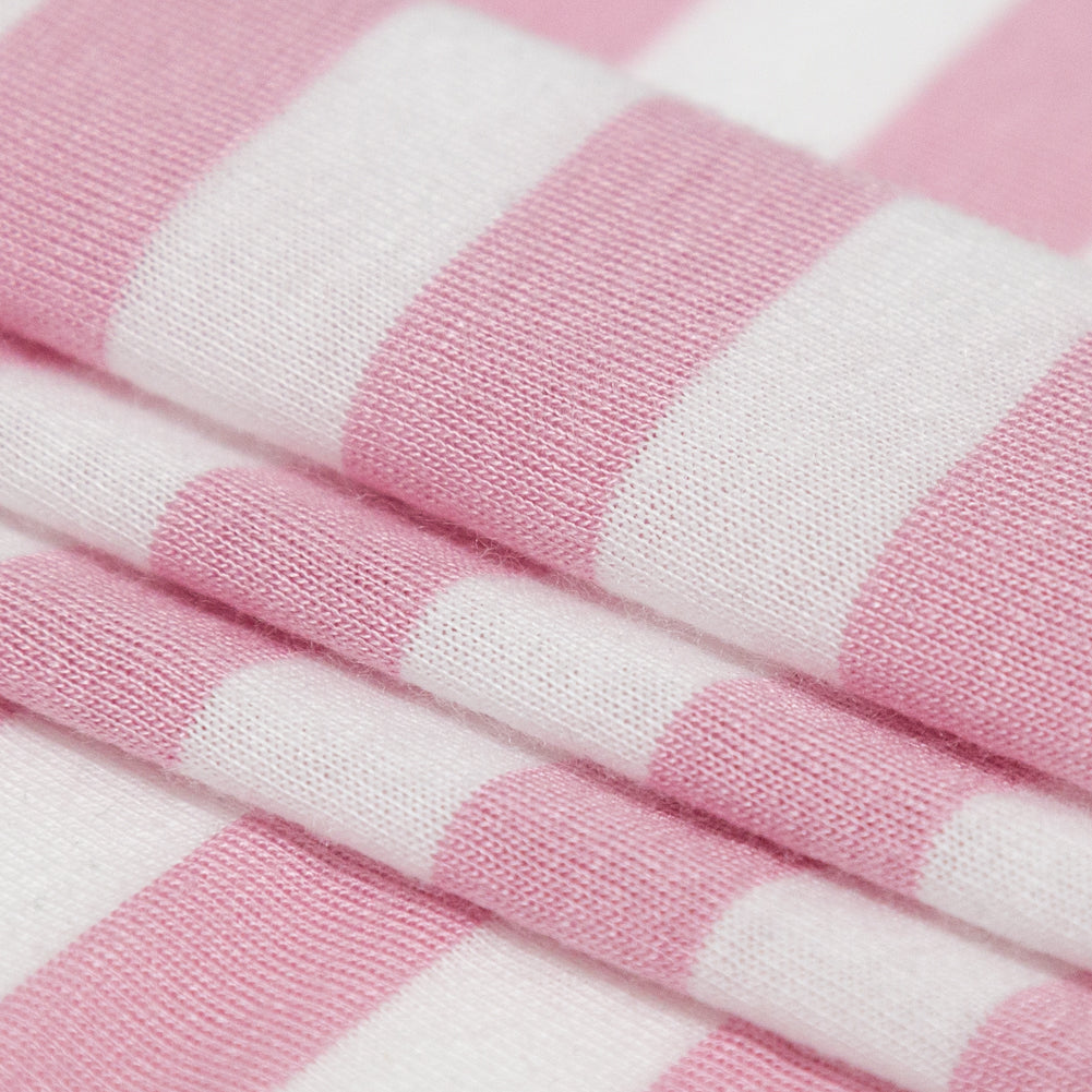 Pressed Rosebloom and Bright White Bengal Striped Polyester Jersey
