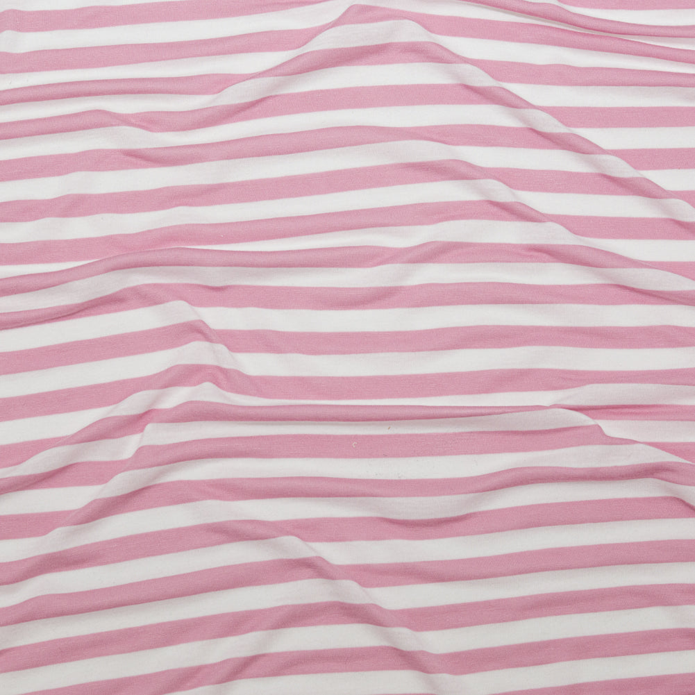 Pressed Rosebloom and Bright White Bengal Striped Polyester Jersey