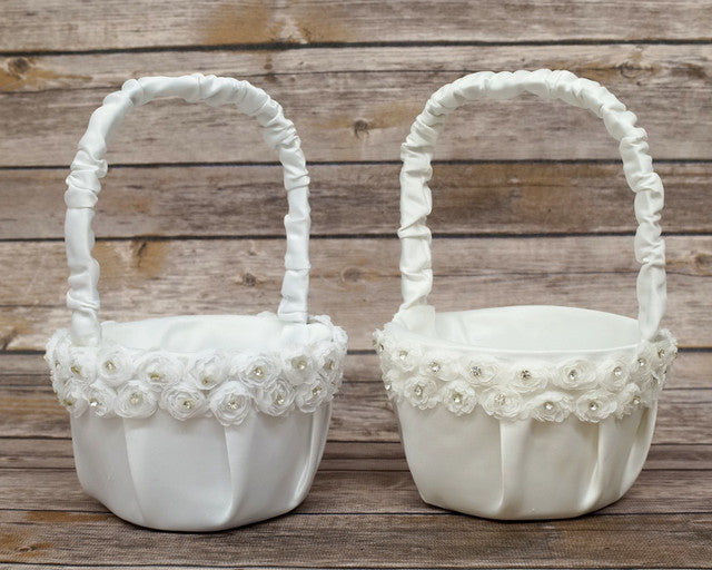 White Rose Flower Satin Wedding Flower Girl Basket 6x8 Inch