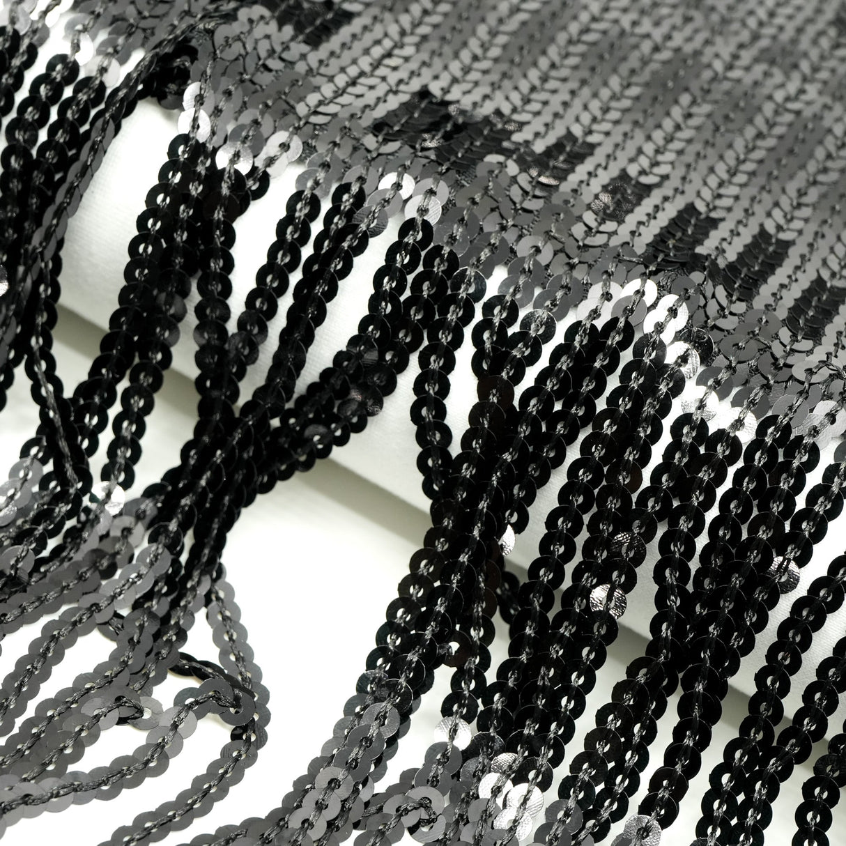 Flounce Fringe Stretch Mesh Sequin Fabric - Silver, Black, Gold, Red, 51/52" Width (1 Yard)