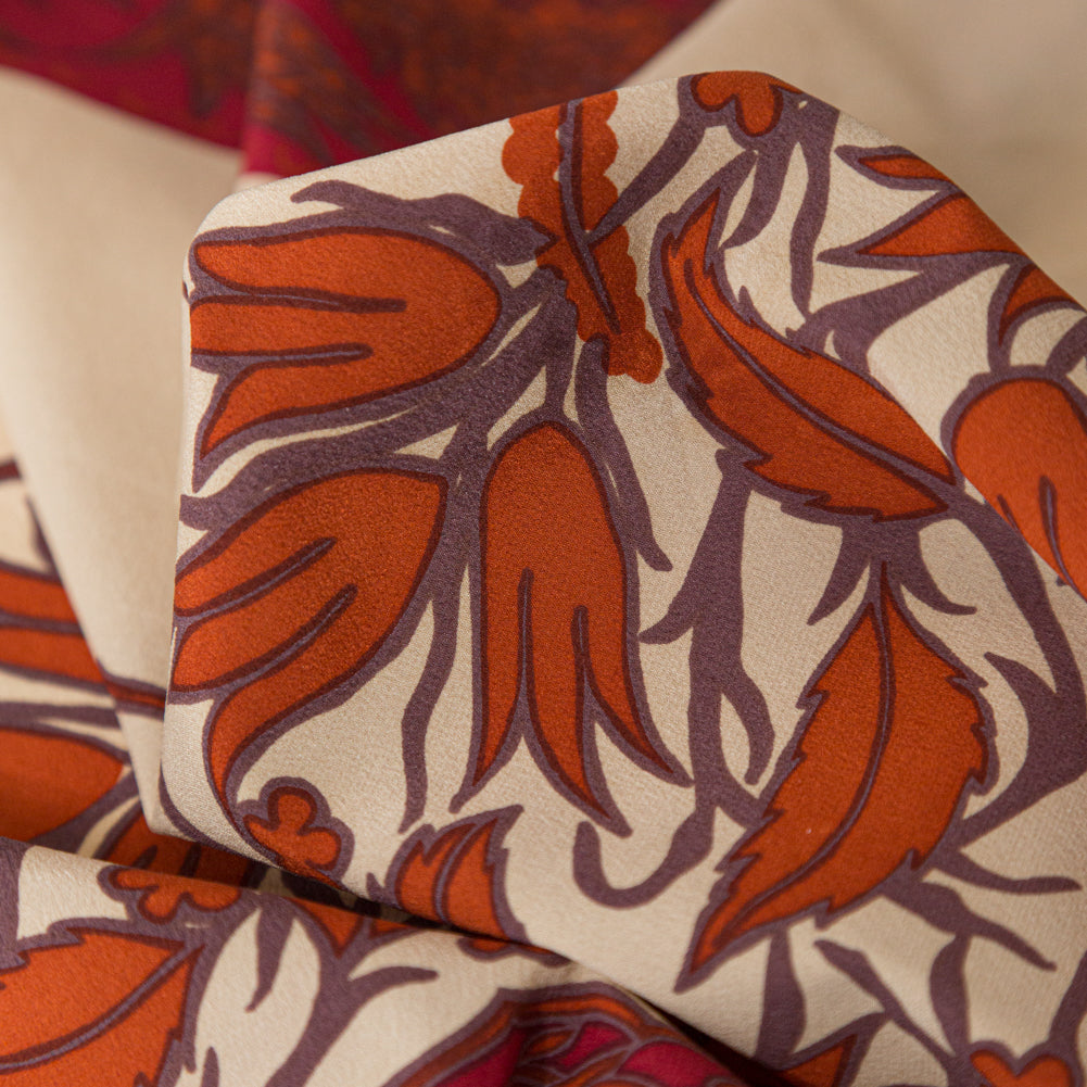 White Pepper, American Beauty and Orange Tiger Wide Floral Stripes Stretch Silk Crepe de Chine