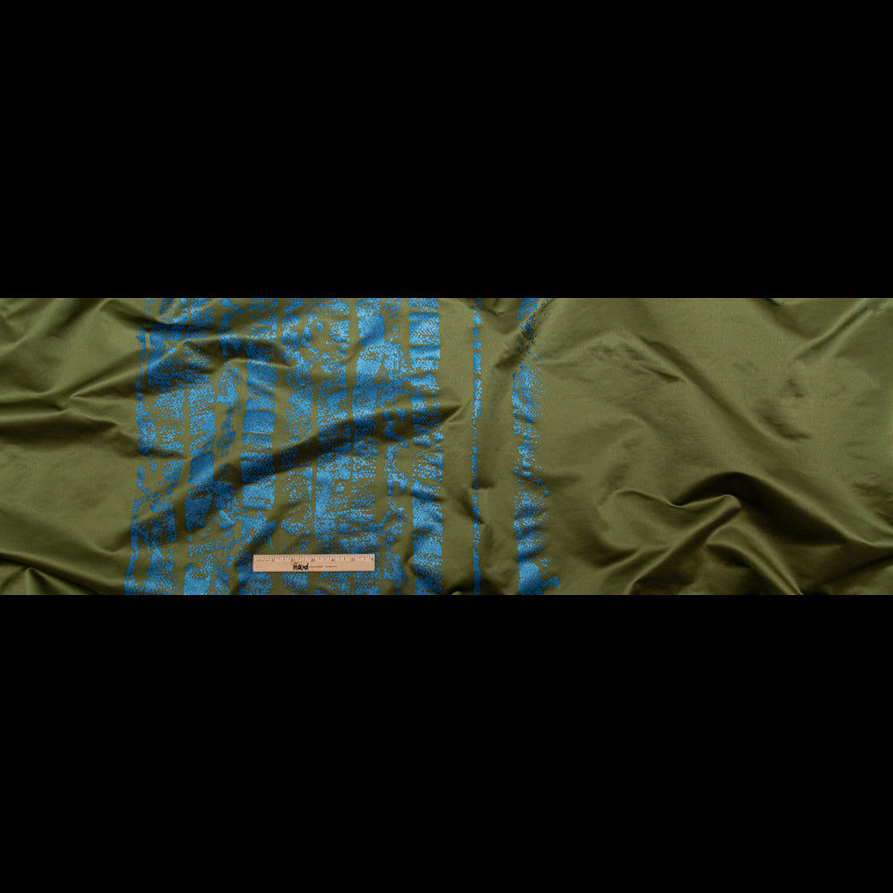 Avocado Green Duchesse Satin with Metallic Stellar Blue Striped Border Print