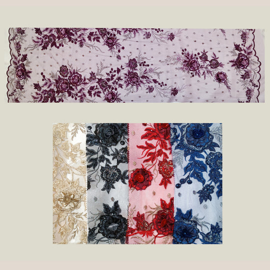1 Yard Stunning Beaded 3D Floral Lace Fabric Embroidered on Polyester Net Mesh