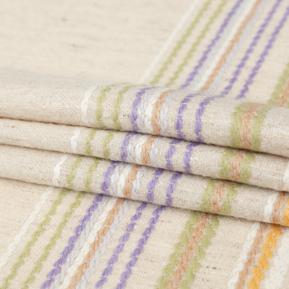 Italian Almond Milk Wool Woven Panel with Multicolored Stripes