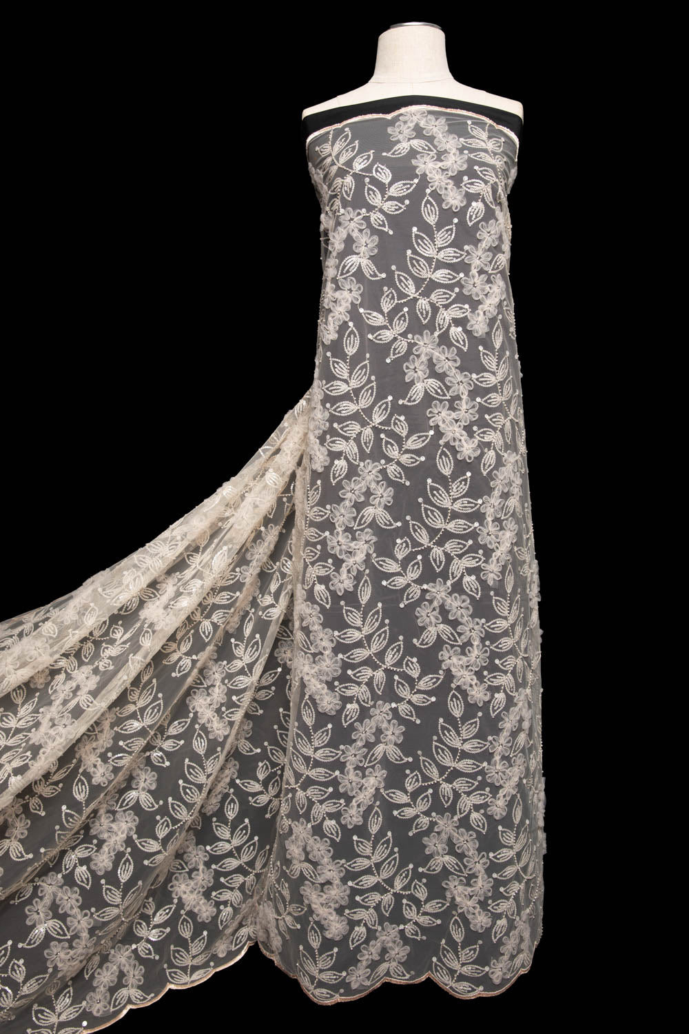 1 Yard Tulle Lace Fabric with Embroidered Tape Work & Floral Pattern, 52" Wide