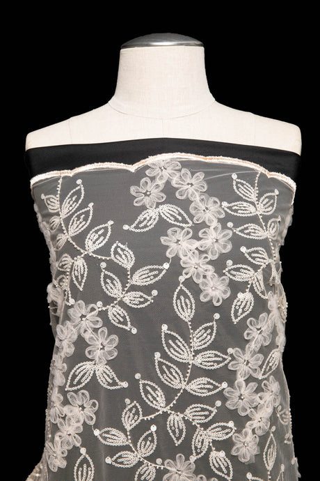 1 Yard Tulle Lace Fabric with Embroidered Tape Work & Floral Pattern, 52" Wide