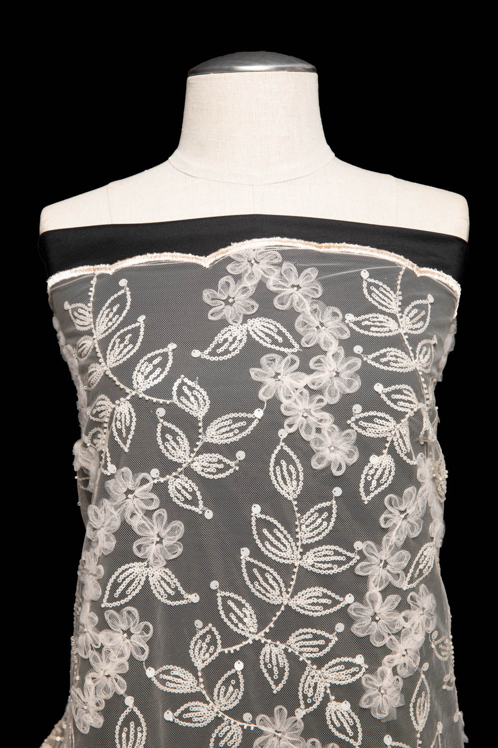 1 Yard Designer Tulle Lace Fabric with Intricate Tape Work and Floral Motif – 52" Wide