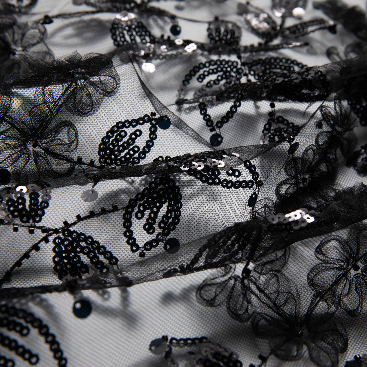 1 Yard Tulle Lace Fabric with Embroidered Tape Work & Floral Pattern, 52" Wide