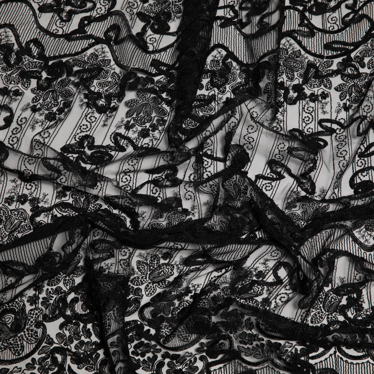 1 Yard Tulle Lace Fabric with Embroidery and Tape Work, 52" Wide