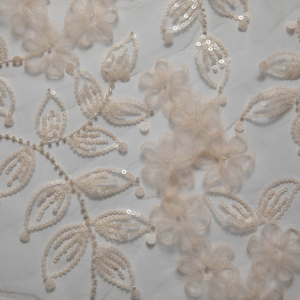 1 Yard Tulle Lace Fabric with Embroidered Tape Work & Floral Pattern, 52" Wide