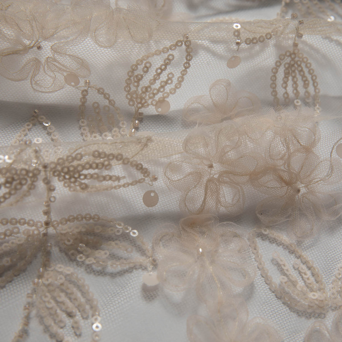 1 Yard Tulle Lace Fabric with Embroidered Tape Work & Floral Pattern, 52" Wide