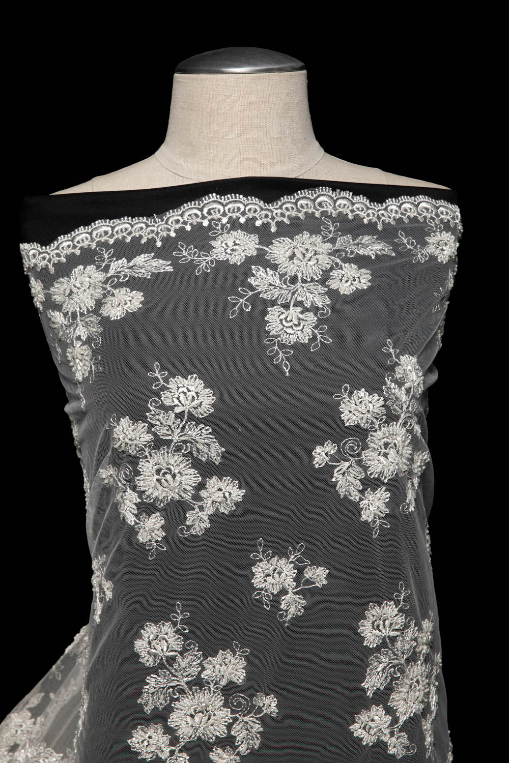 1 Yard Soft Tulle Lace Fabric Embroidered Elegant Floral Design Lightweight 52" Wide