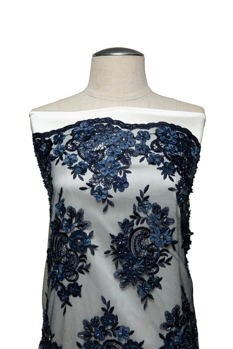 1 Yard Tulle Lace Embroidered Fabric with 3D Applique & Beads 50/52" Width