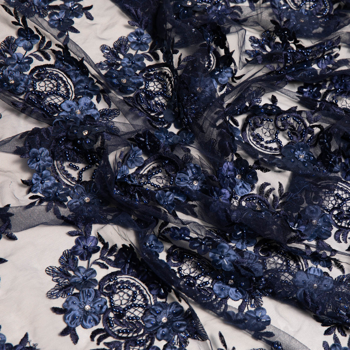 1 Yard Tulle Lace Embroidered Fabric with 3D Applique & Beads 50/52" Width