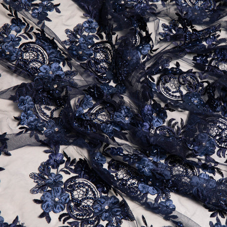 1 Yard Tulle Lace Embroidered Fabric with 3D Applique & Beads 50/52" Width