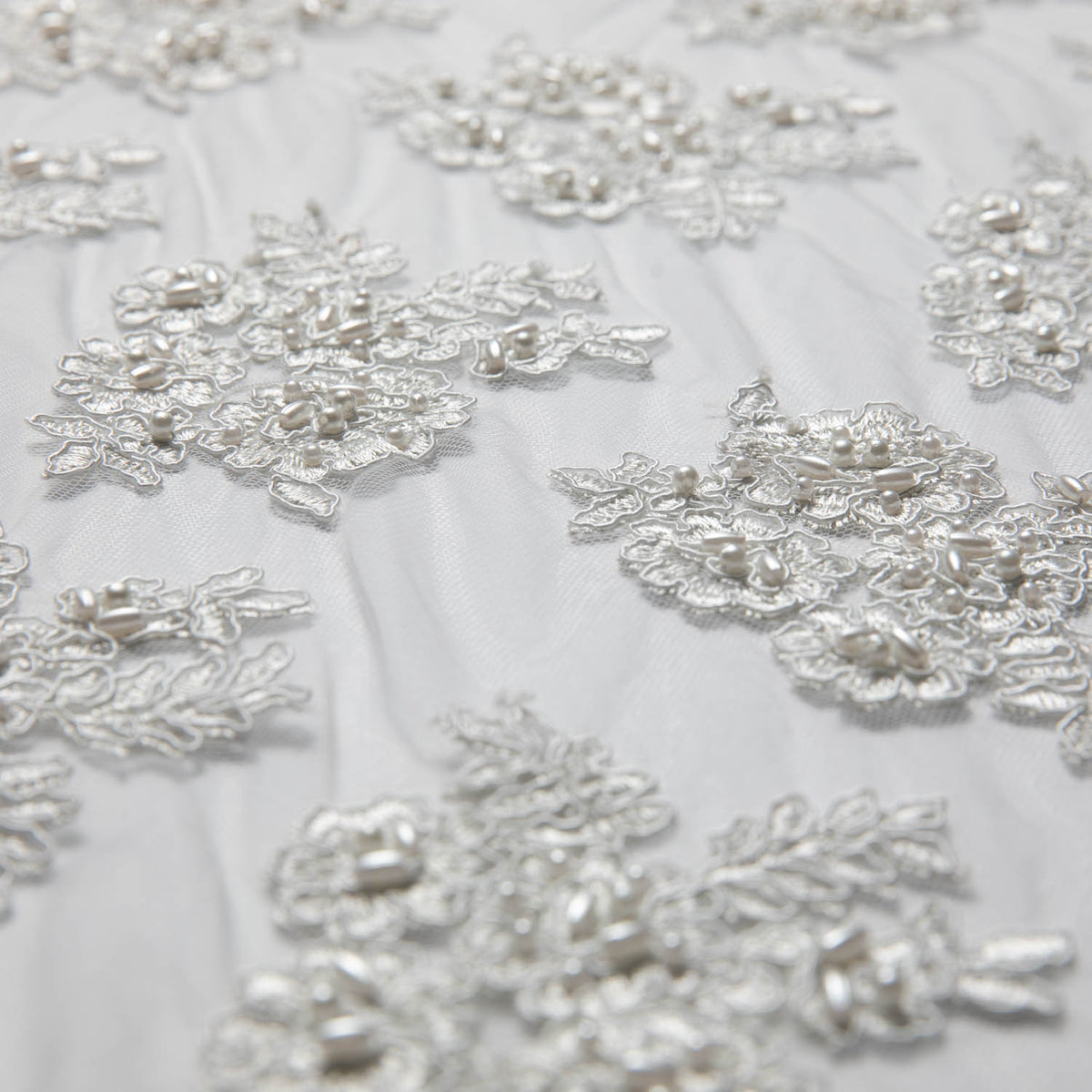 1 Yard Tulle Lace Fabric Embroidered with Beads and Floral Design, 52/54" Wide