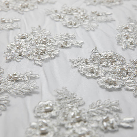 1 Yard Tulle Lace Fabric Embroidered with Beads and Floral Design, 52/54" Wide