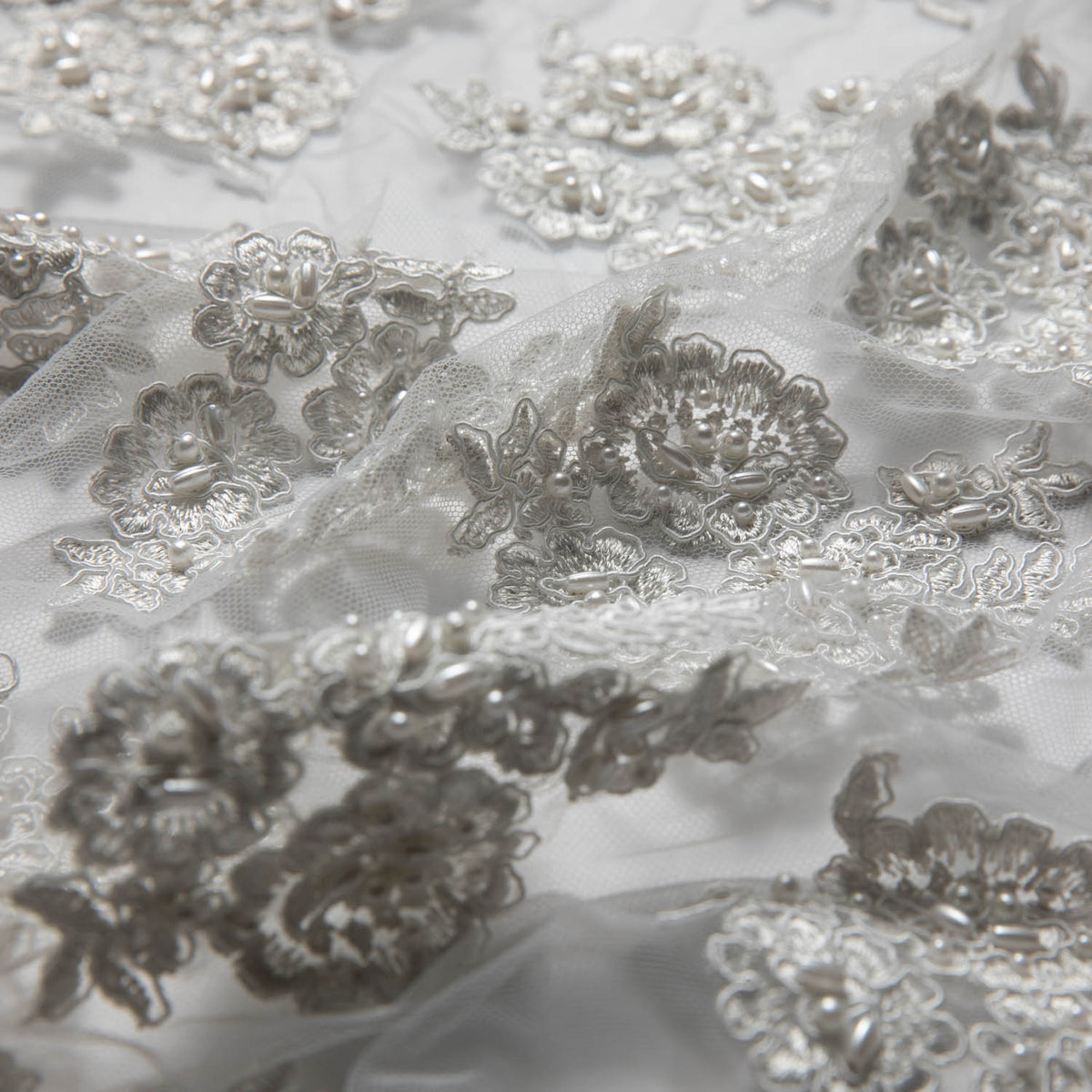 1 Yard Tulle Lace Fabric Embroidered with Beads and Floral Design, 52/54" Wide