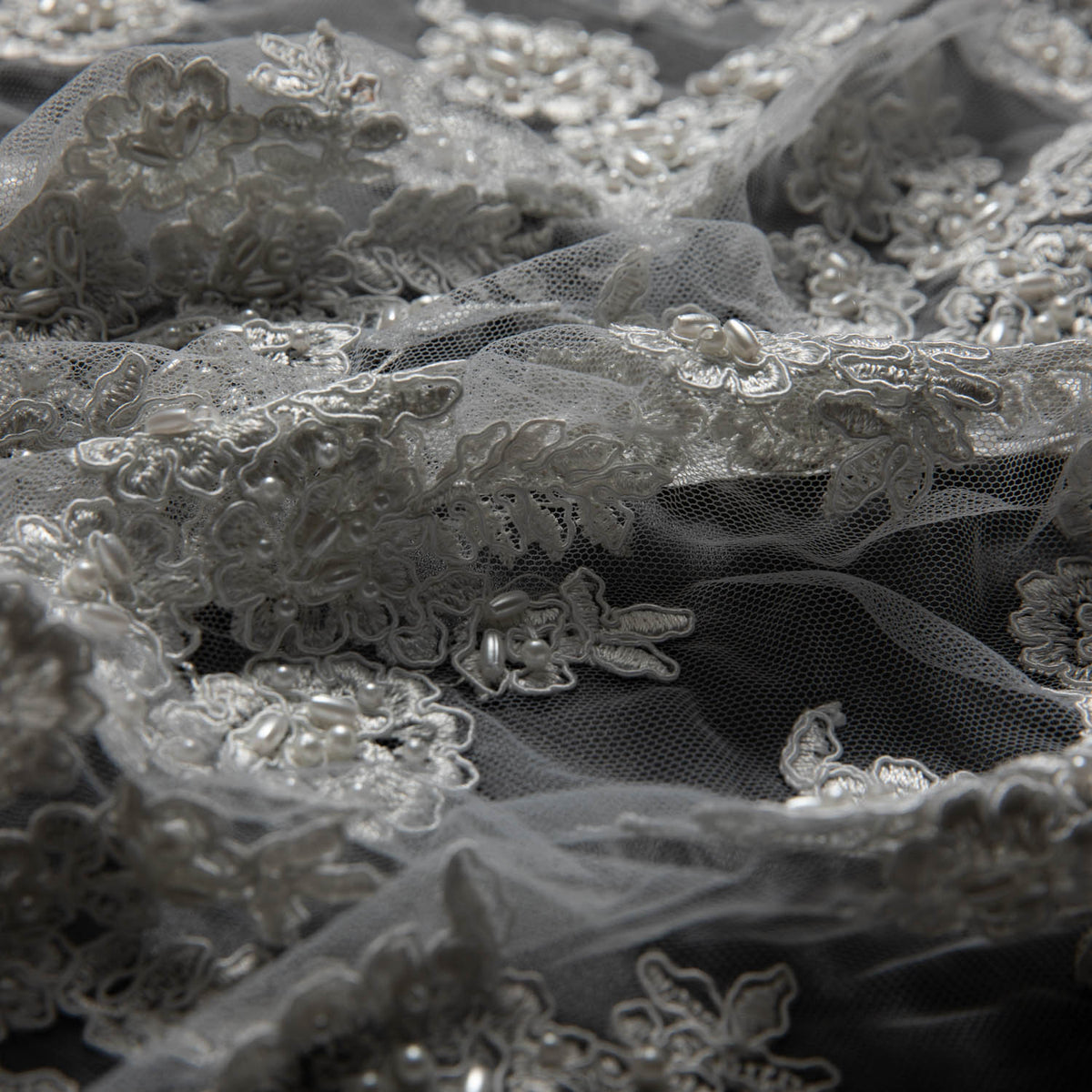 1 Yard Tulle Lace Fabric Embroidered with Beads and Floral Design, 52/54" Wide