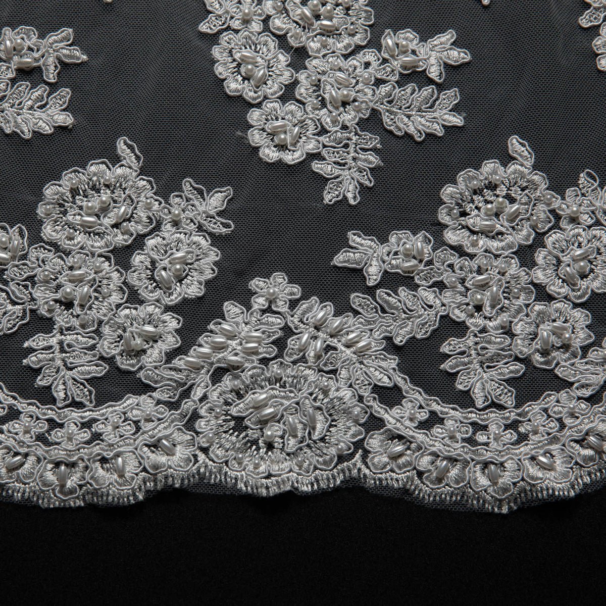 1 Yard Tulle Lace Fabric Embroidered with Beads and Floral Design, 52/54" Wide