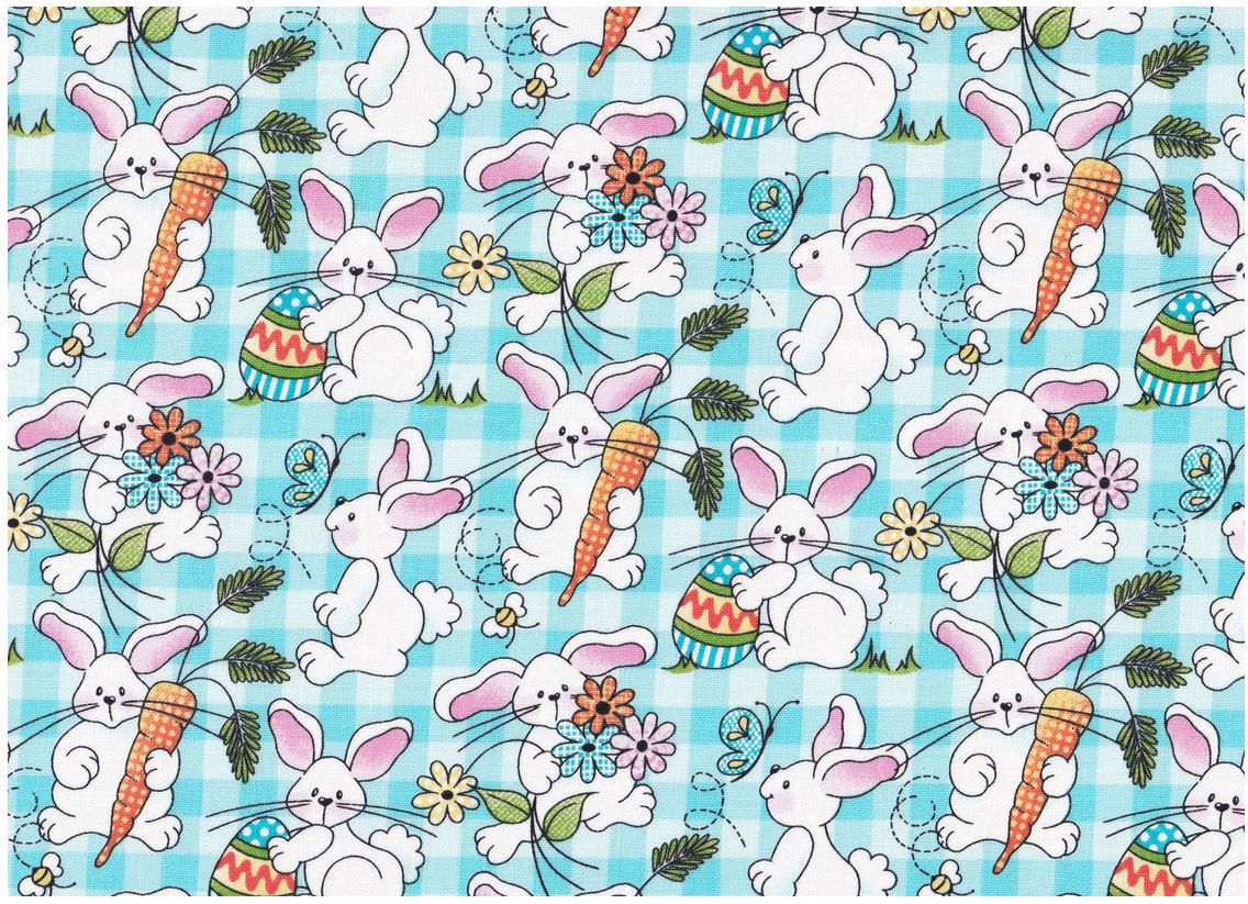 Quilting Cotton Bunnies on Teal Plaid Easter Fabric