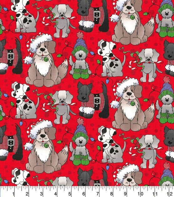 Quilting Cotton Pups on Red Christmas Fabric