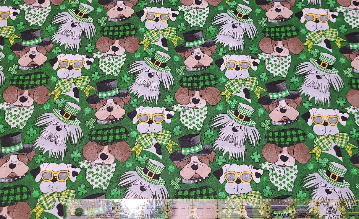 Quilting Cotton St. Patricks Day Dog on Green Fabric